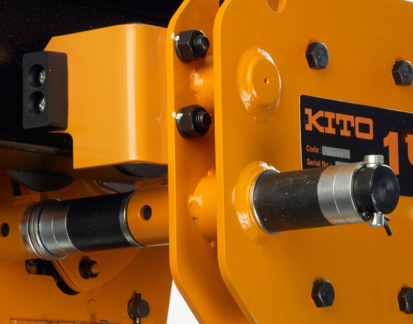 Image of the reinforced wheels and steel side plates on the SHB ultra low headroom manual hoist and trolley