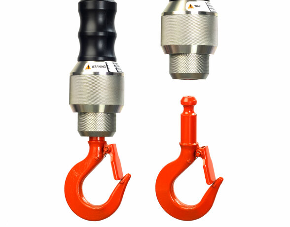 Image of the Quick-Switch Removable Bottom hook on Kito's EDCL cylinder control single phase electric chain hoist