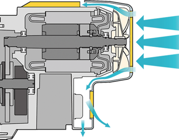 Graphic depicting the cooling fan technology on Kito's EQ/SEQ single phase electric chain hoist