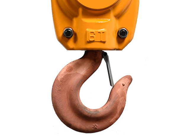 Photo of the bronze-coated bottom hook on the TCE atex rated air hoist